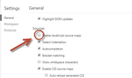 Uncheck the Enable JS source maps option
